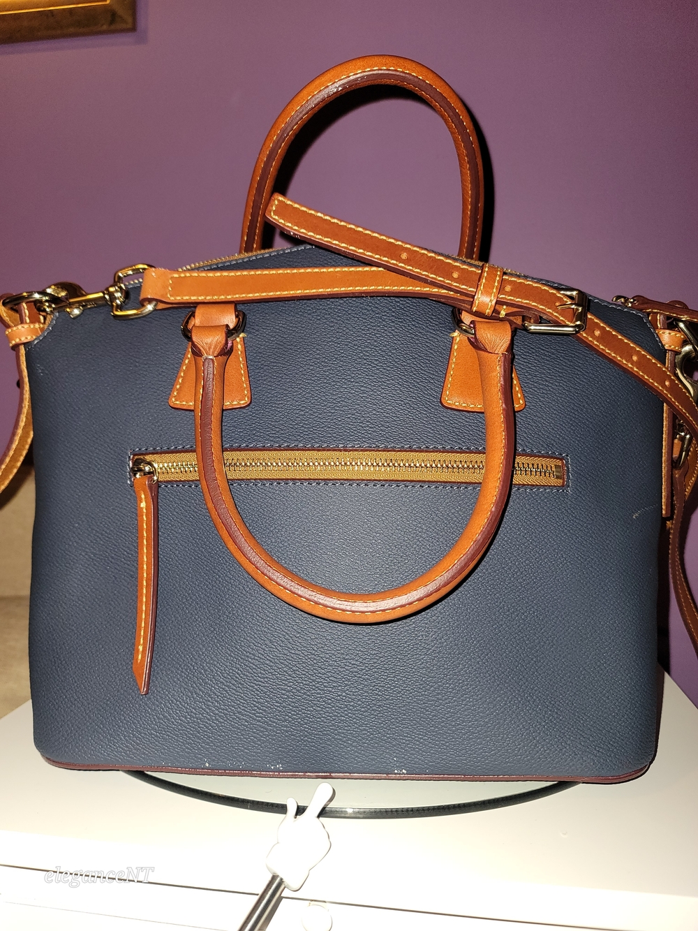 Dooney & Bourke Navy Kirby Domed Satchel Leather with Tan Trim - Picture 12 of 17